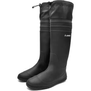 Amoji Mens Size 8 Black Foldable Knee High Mud Rubber Farm Fishing Rain Boots